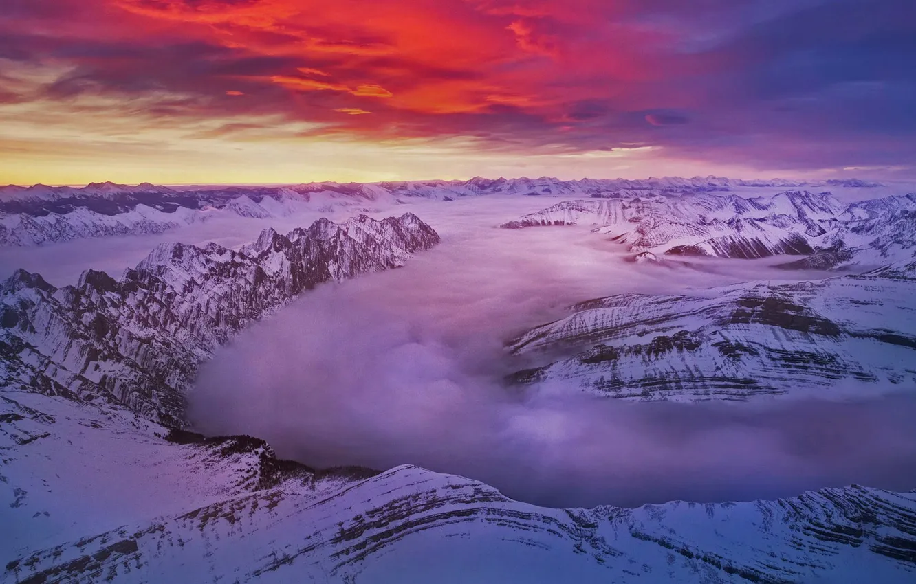 Photo wallpaper winter, clouds, snow, tops, Canada, glow, Albert, Rocky mountains
