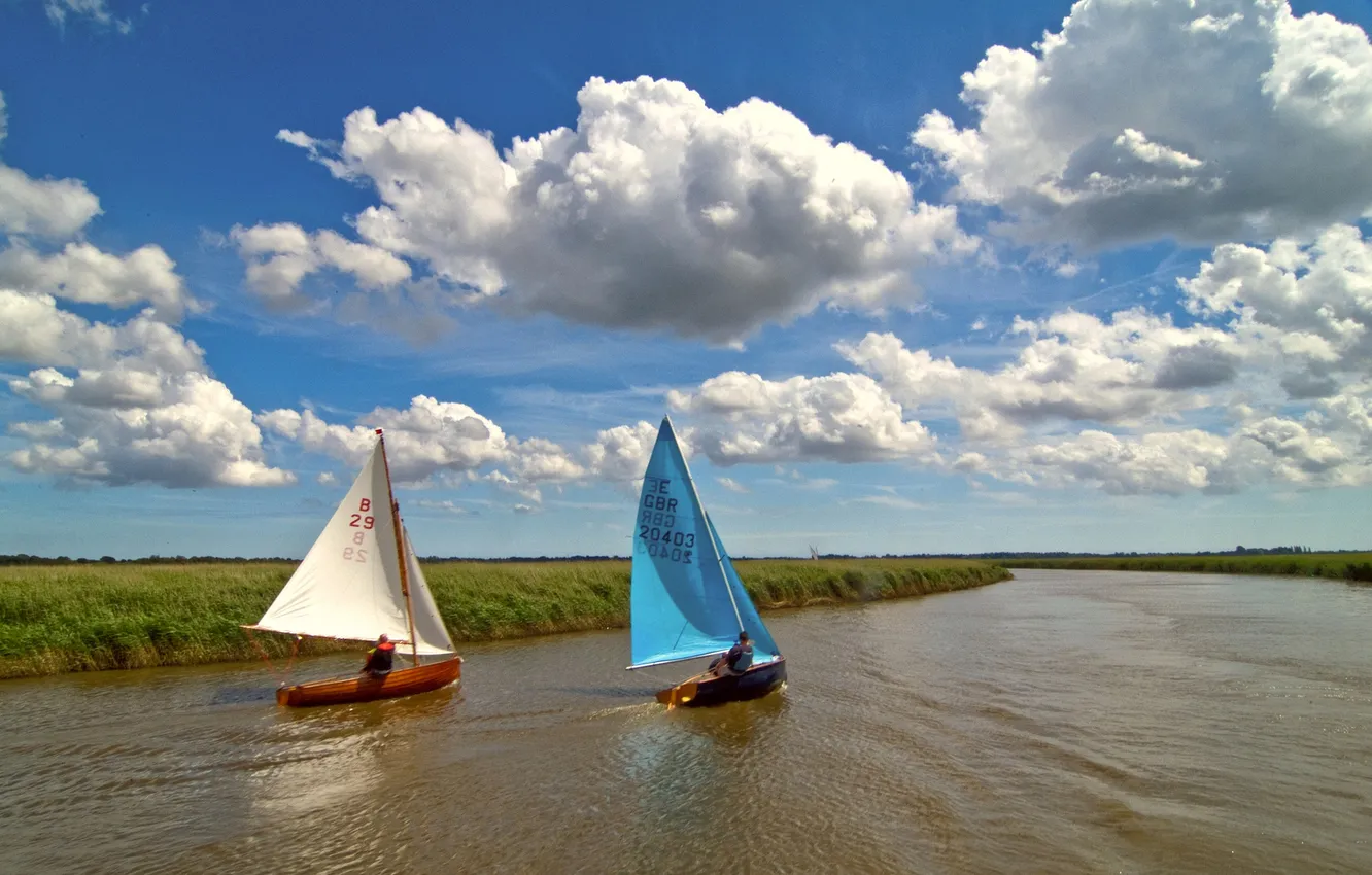 Photo wallpaper field, the sky, boat, channel, sail