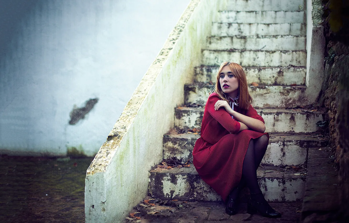 Photo wallpaper dress, steps, legs, redhead