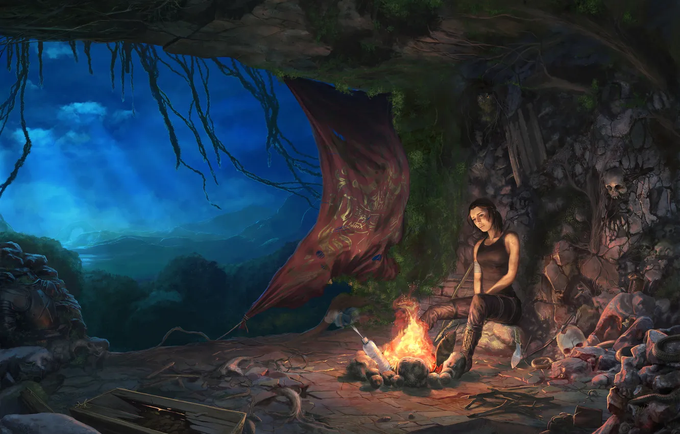Photo wallpaper night, skull, Tomb Raider, Croft, Lara, Scilly