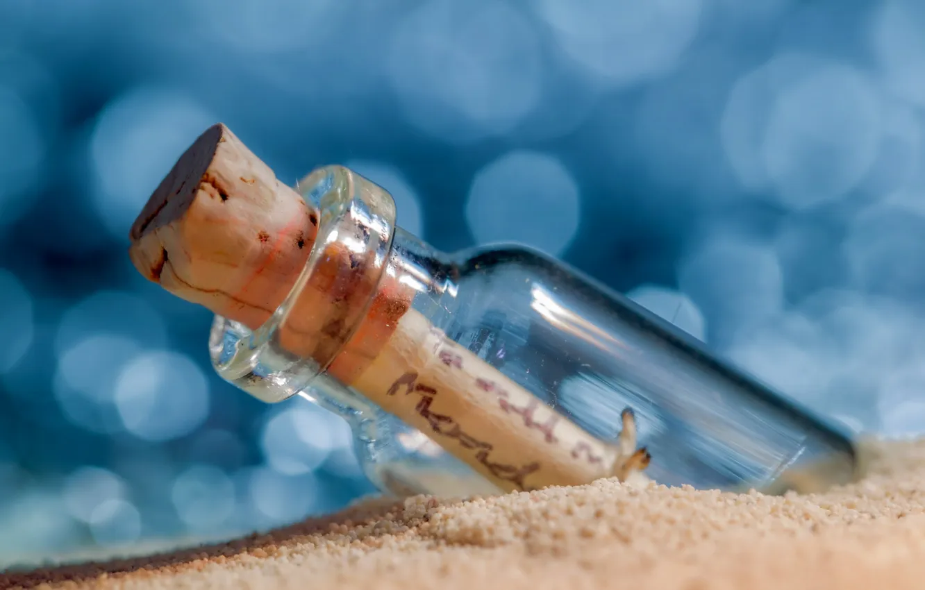 Photo wallpaper sand, letter, tube, bottle, message, bottle