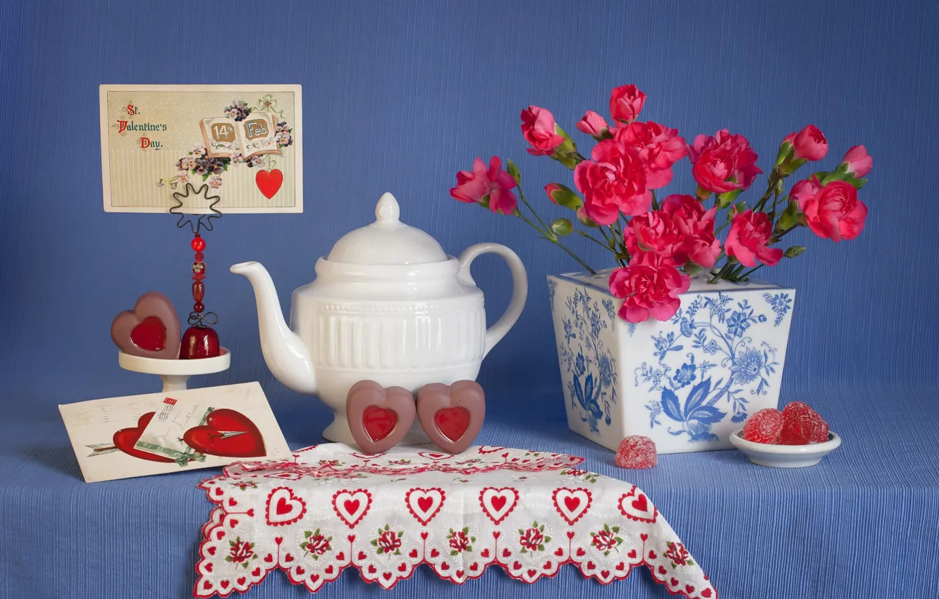Photo wallpaper style, heart, kettle, candy, still life, Valentine's day, postcard, 14 Feb
