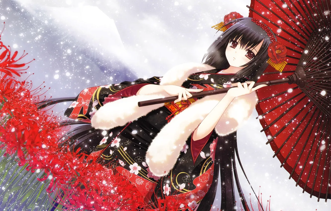 Photo wallpaper snow, flowers, umbrella, hairstyle, girl, red, fur, kimono