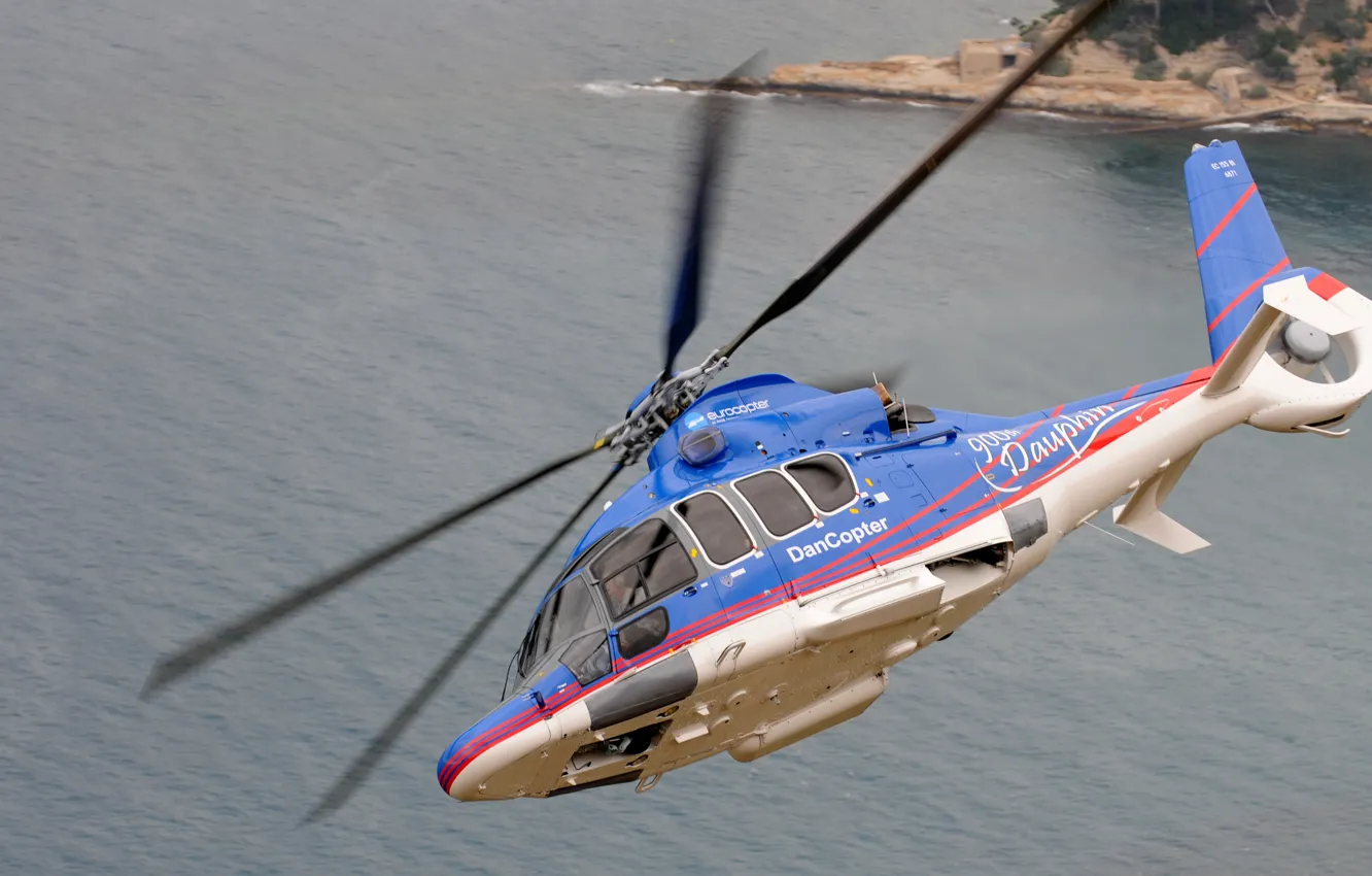 Photo wallpaper sea, flight, turn, helicopter, Eurocopter