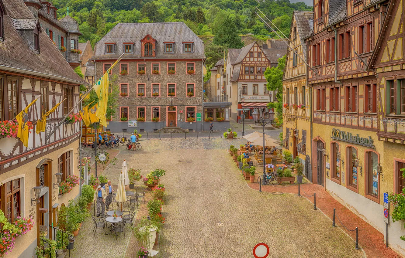 Photo wallpaper trees, flowers, people, street, chairs, home, Germany, town