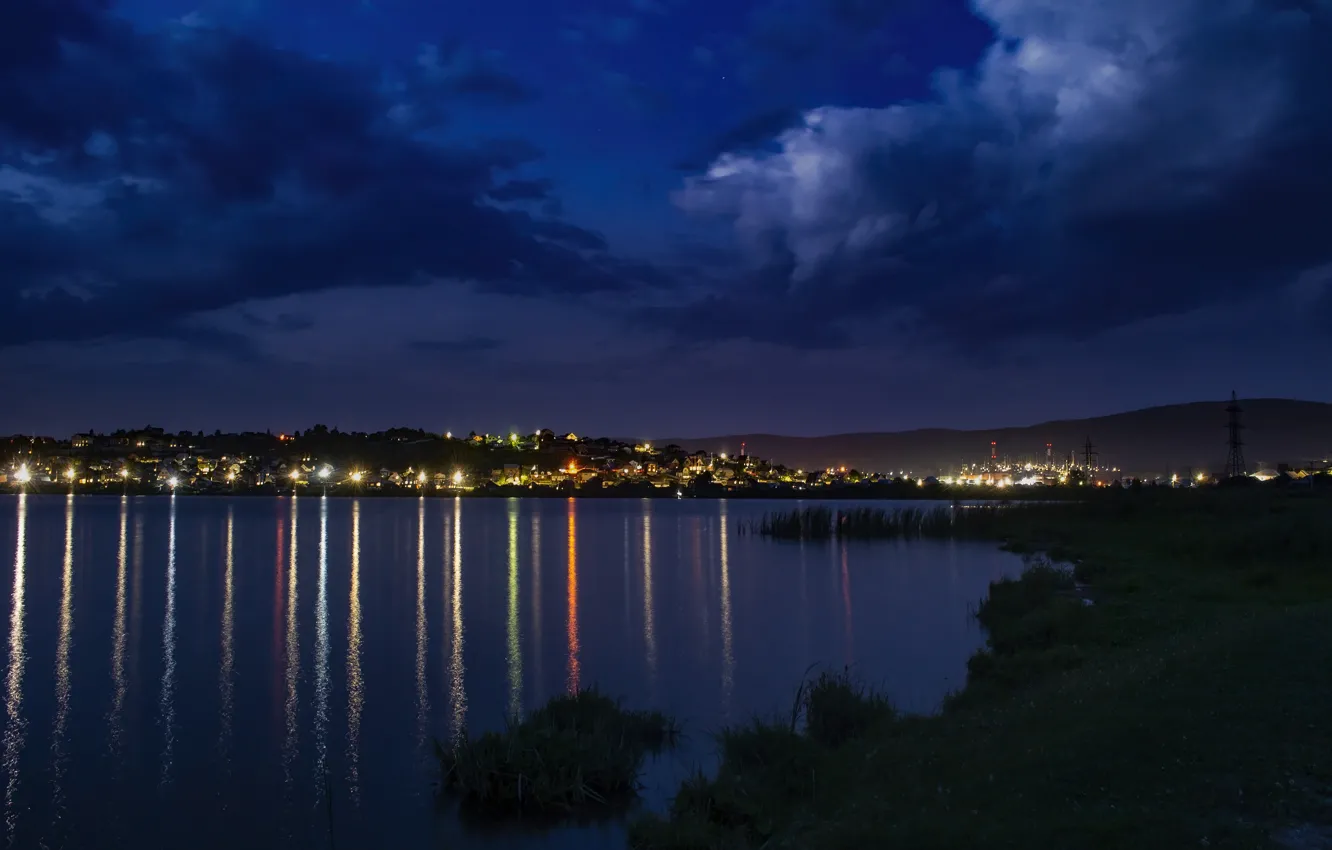 Photo wallpaper clouds, nature, lights, Russia, Miass, the city, river, night