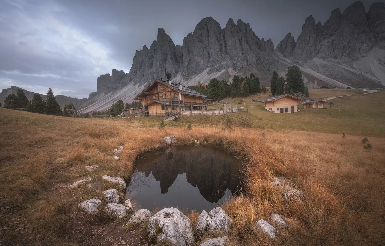 Photo wallpaper field, autumn, forest, clouds, mountains, lake, reflection, stones