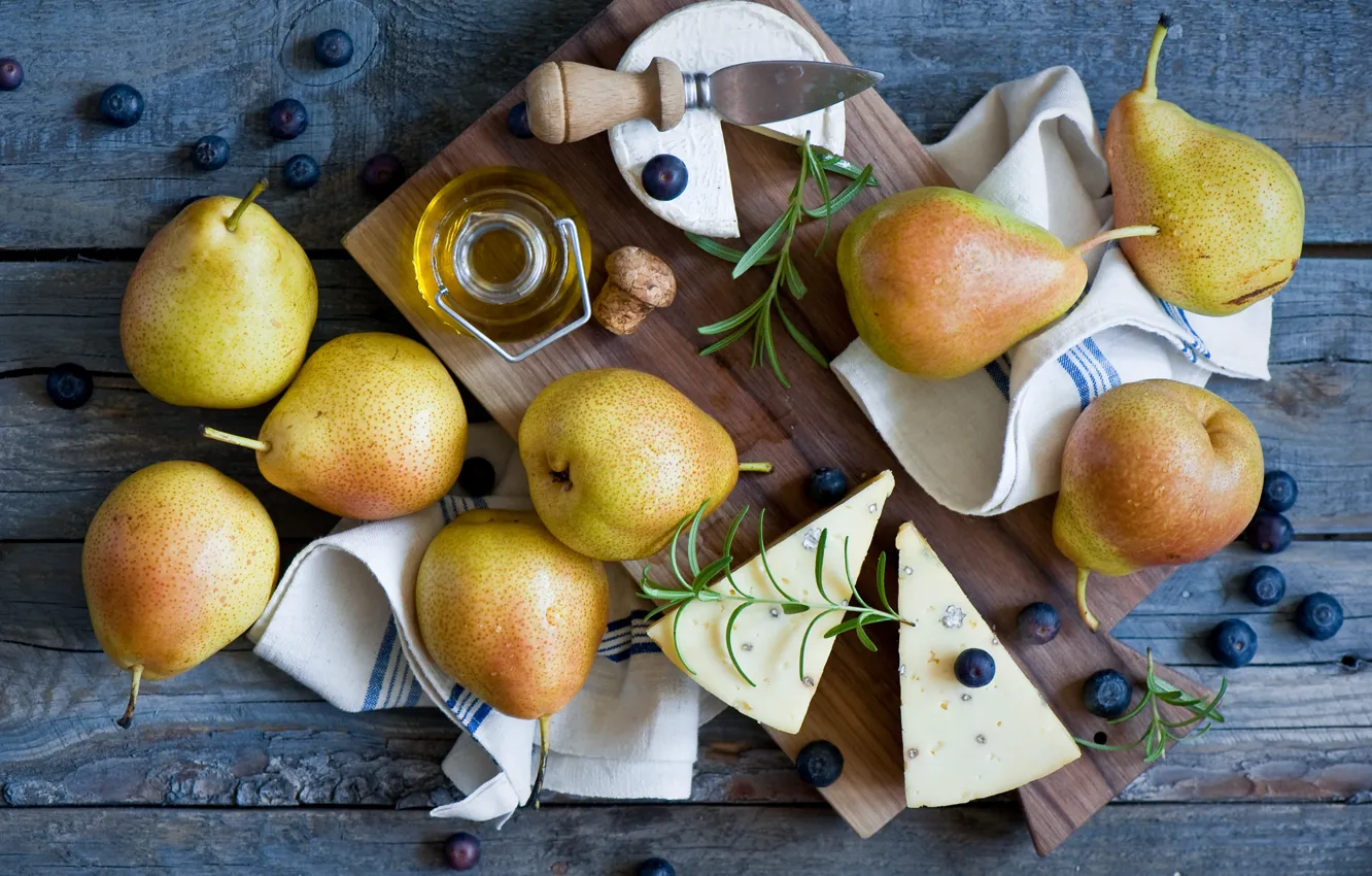 Photo wallpaper berries, cheese, fruit, still life, pear, napkin, blueberries