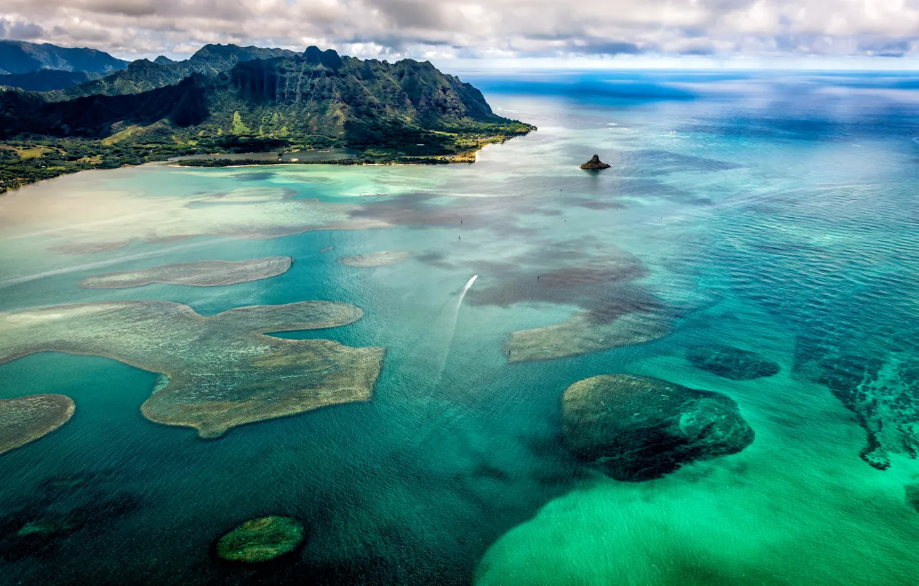 Photo wallpaper sea, the sky, clouds, mountains, Bay, hawaii