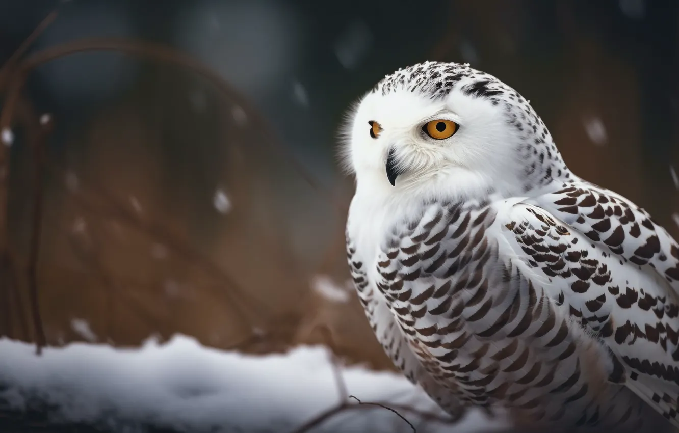 Photo wallpaper winter, white, look, snow, branches, nature, owl, bird