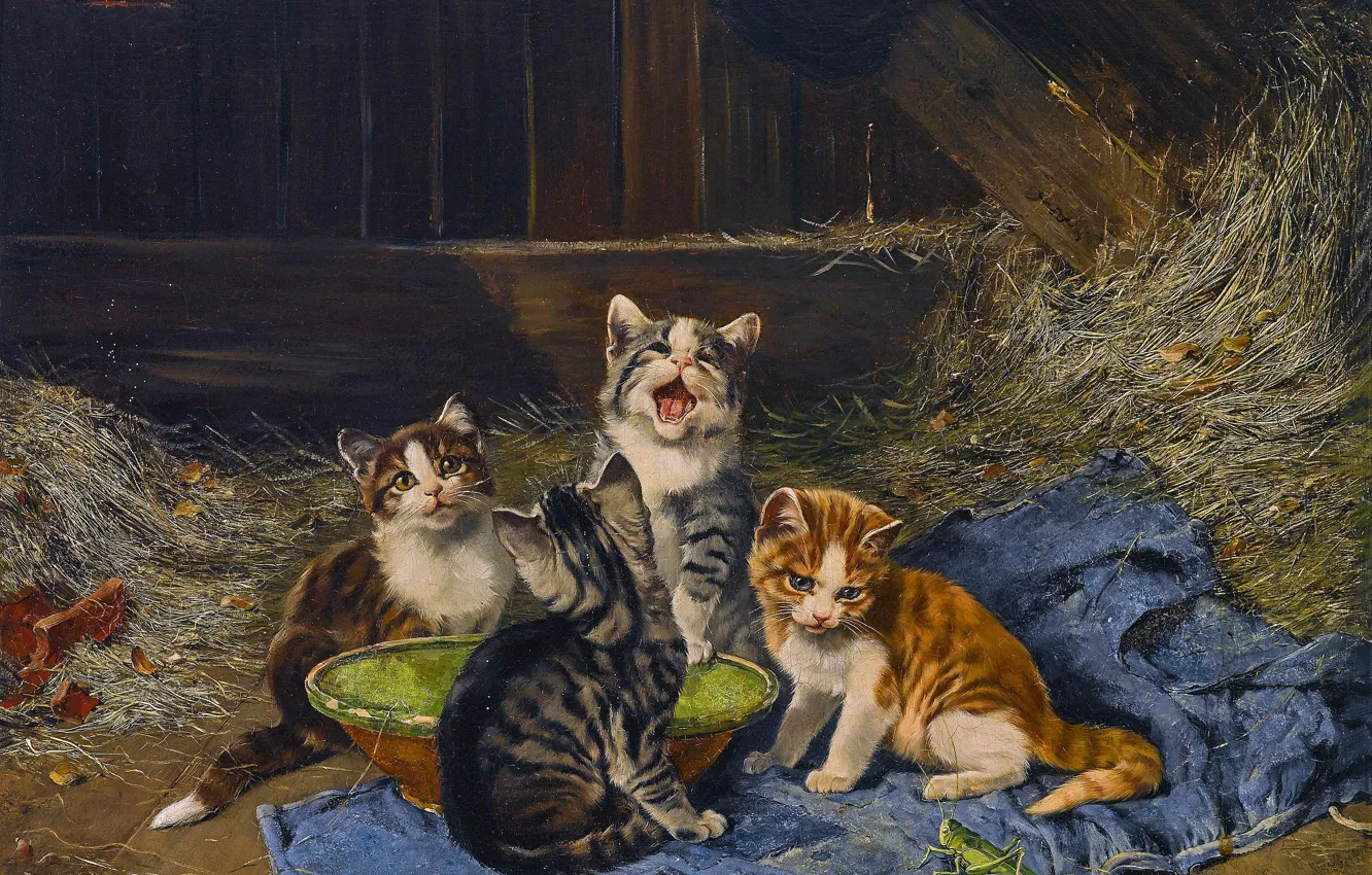 Photo wallpaper picture, pussy, four, grasshopper, kitty, German painter, Julius Anton Adam, Julius Anton Adam