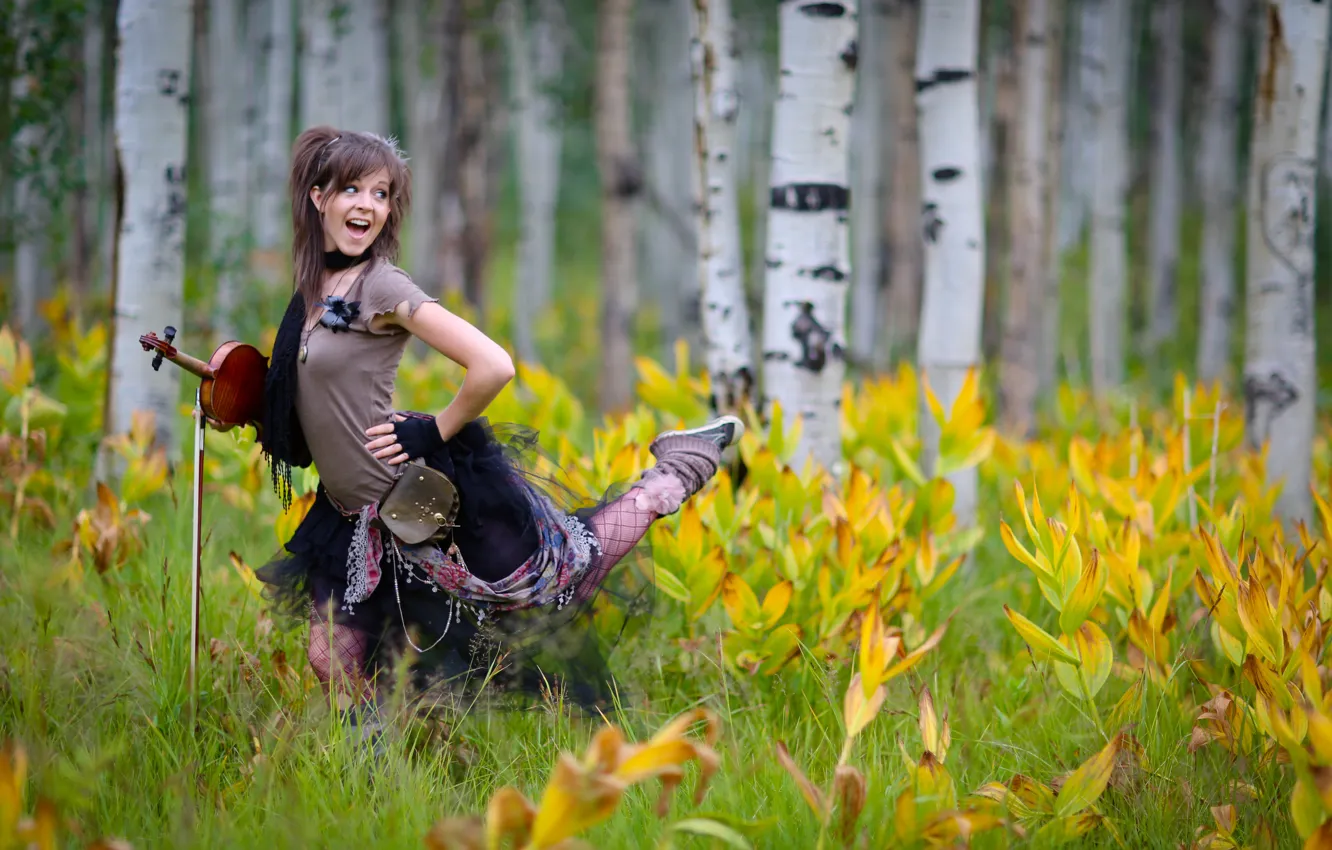 Photo wallpaper forest, flowers, violin, violin, Lindsey Stirling, Lindsey Stirling