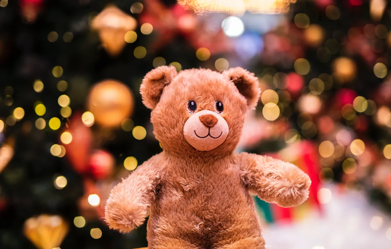 Photo wallpaper winter, holiday, toy, toys, lights, bear, Christmas, New year