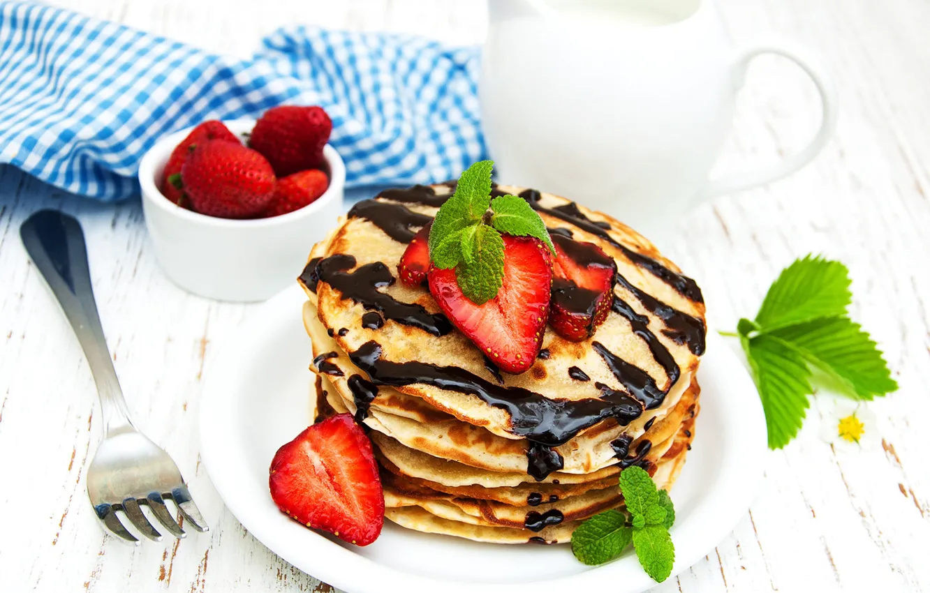 Photo wallpaper chocolate, strawberry, plug, pancakes, mint, chocolate, strawberry, pancake