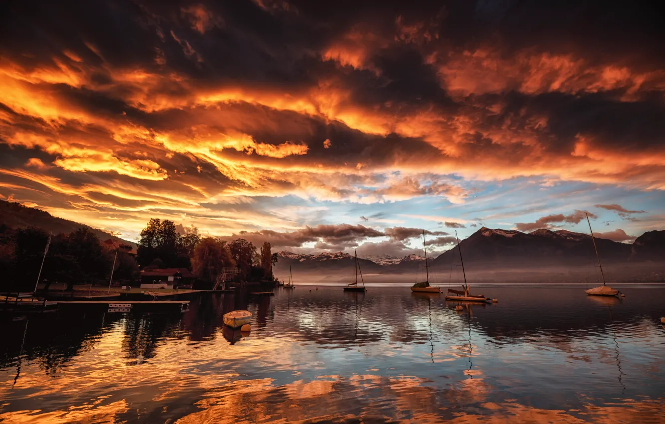 Photo wallpaper landscape, sunset, mountains, nature, lake, Switzerland, Lake Thun, lolka