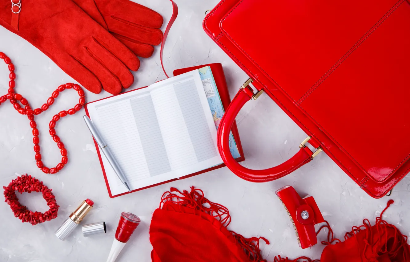 Photo wallpaper red, style, gloves, Notepad, bag, accessories, Stolyevych Yulia