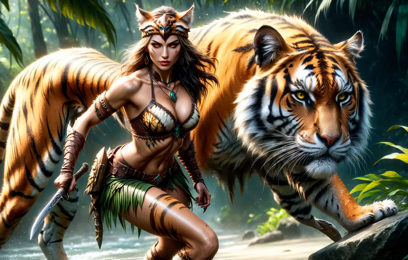 Photo wallpaper girl, tiger, weapons, warrior