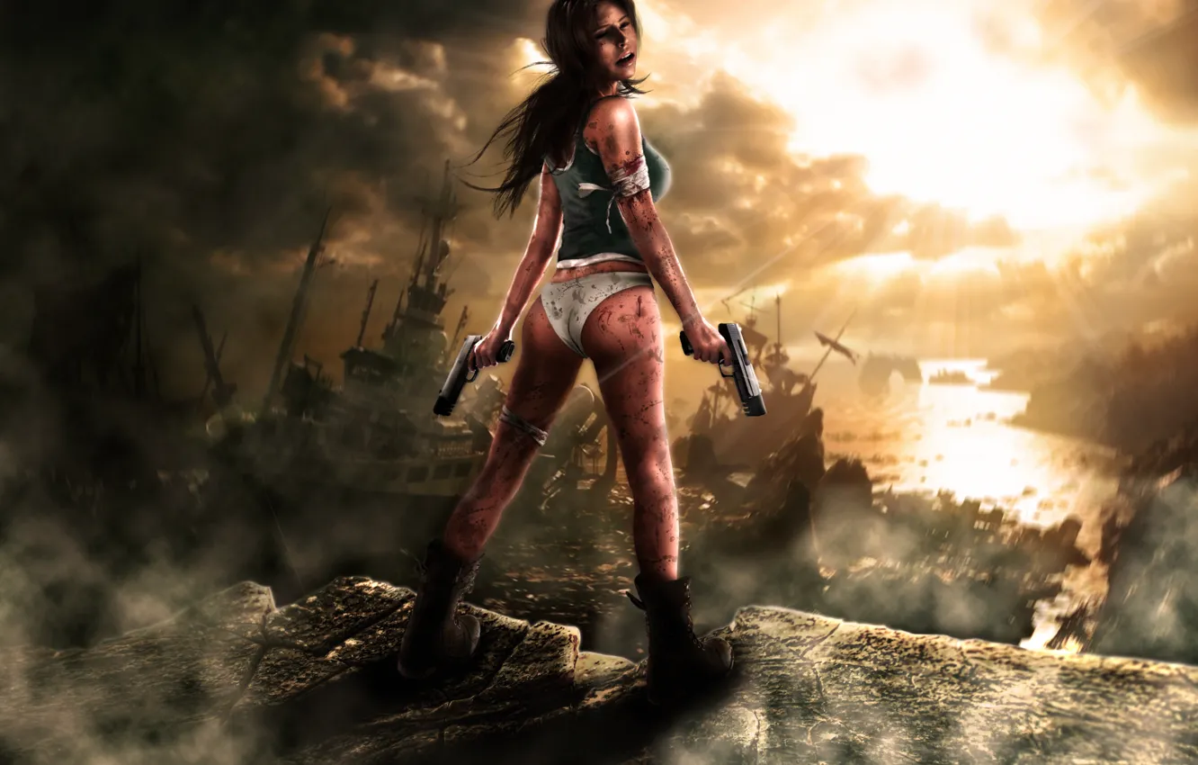 Photo wallpaper girl, rays, clouds, stones, blood, guns, ships, Tomb Raider