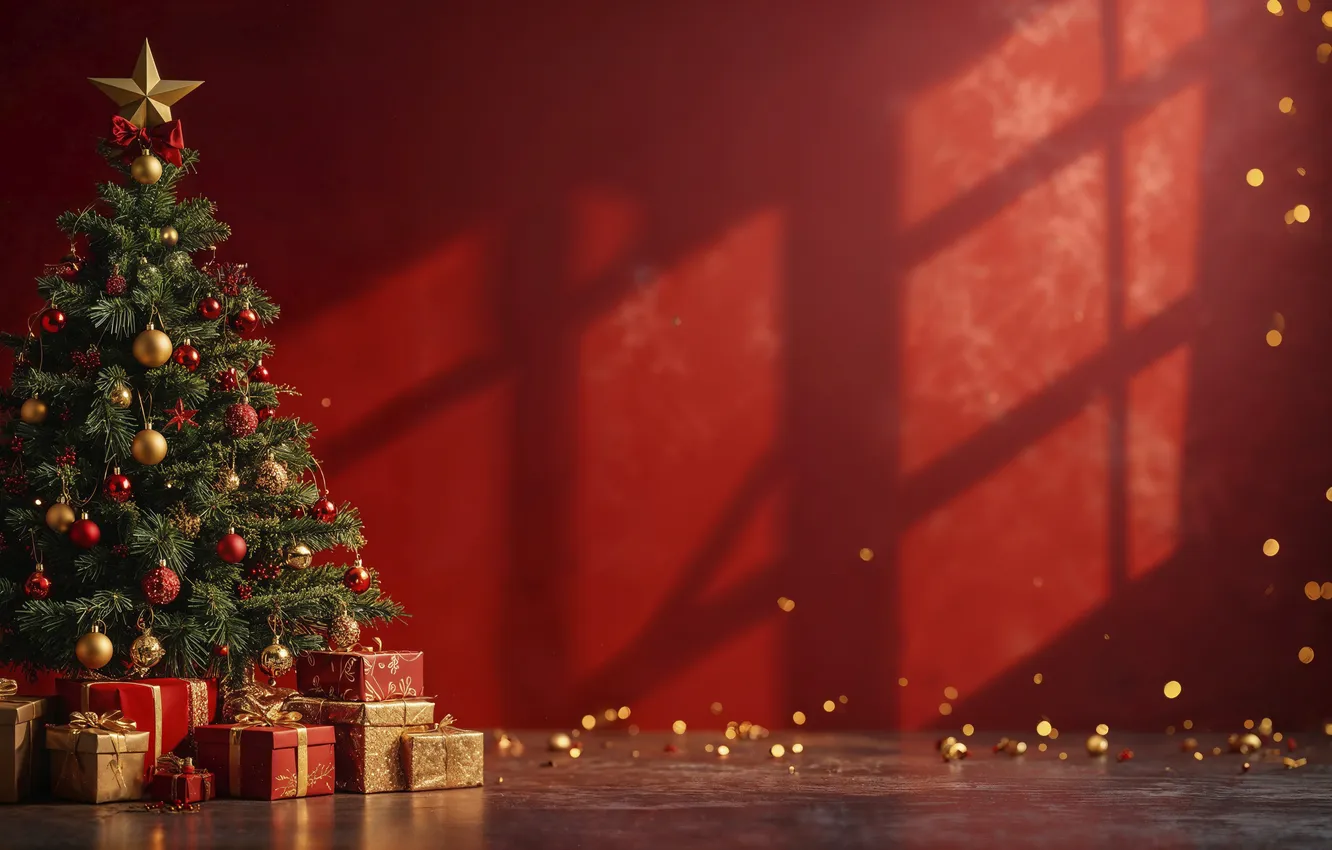 Photo wallpaper decoration, gift, tree, new year, Christmas, red, Christmas, tree