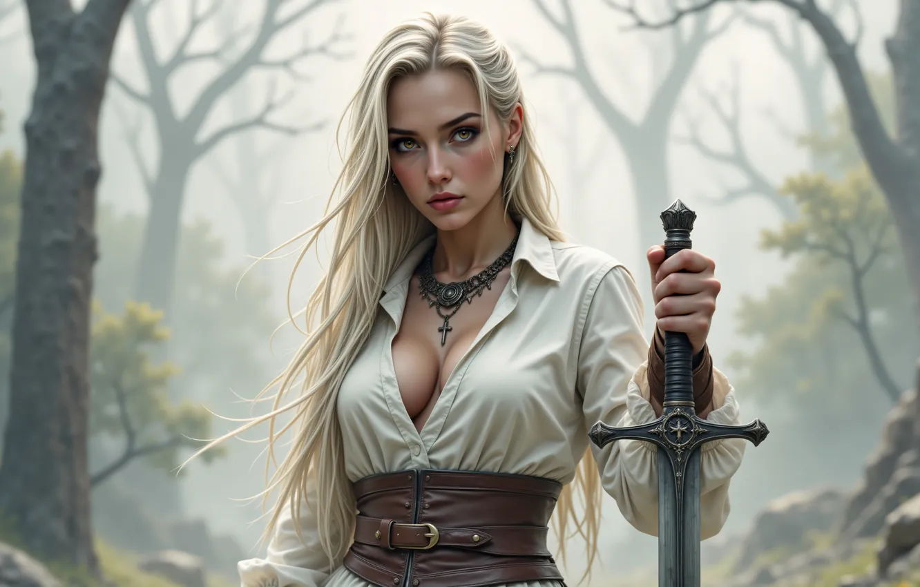 Photo wallpaper weapons, sword, belt, neckline, haze, digital art, morning mist, digital art