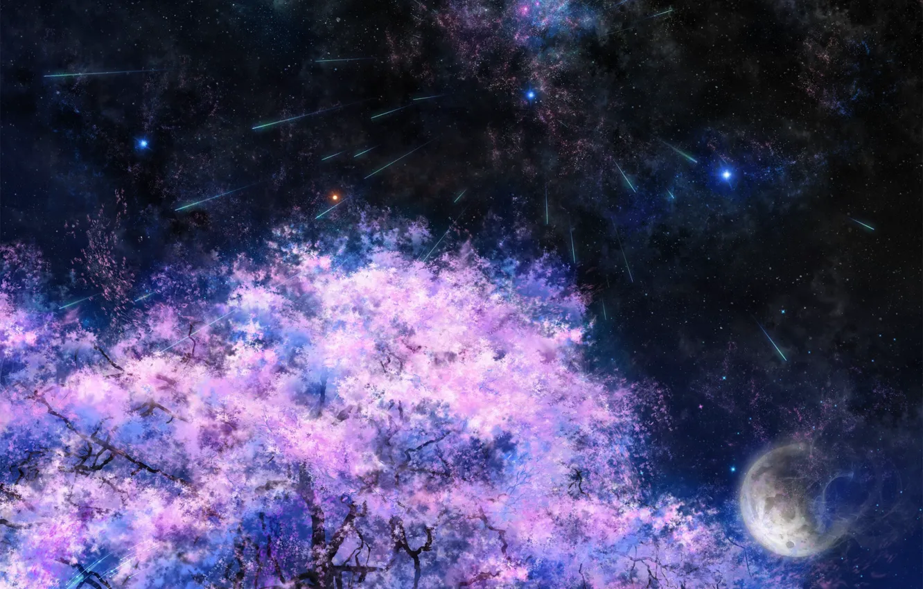 Photo wallpaper space, stars, trees, night, the moon, Sakura, art, tsujiki