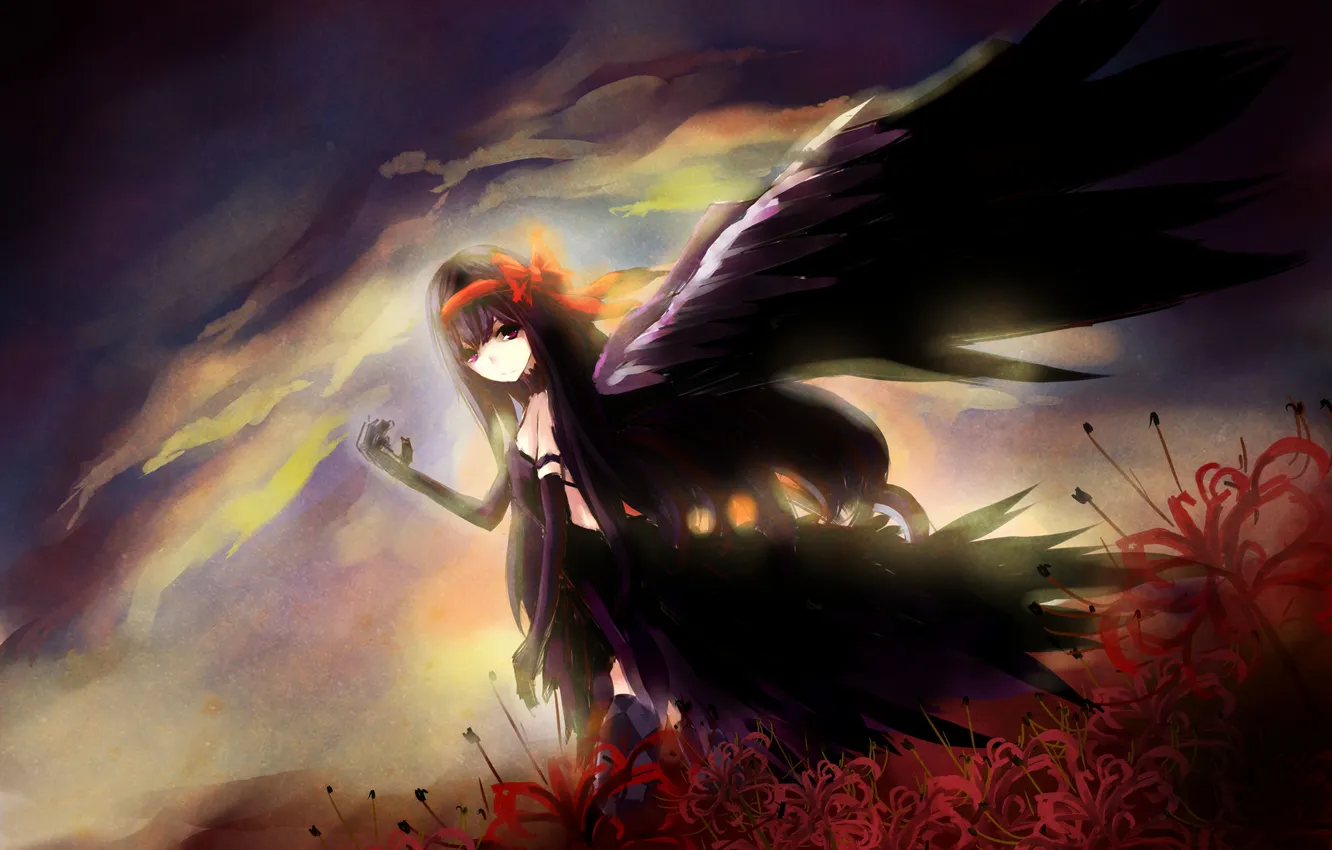Photo wallpaper the sky, girl, clouds, wings, anime, art, bow, mahou shoujo madoka magica