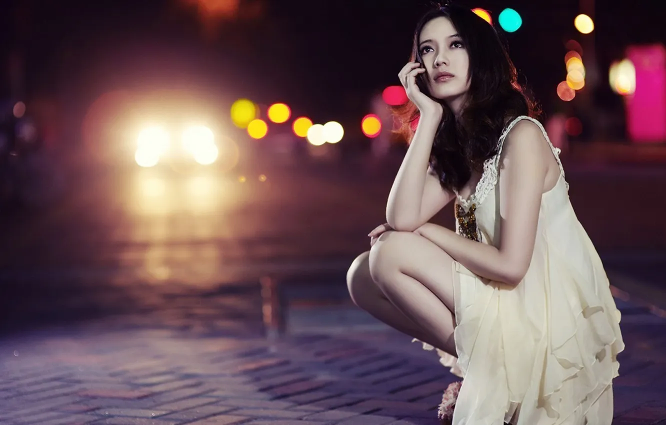 Photo wallpaper street, brunette, Asian, night city