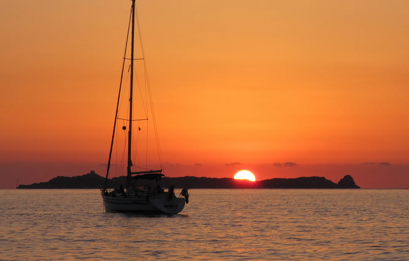 Photo wallpaper sea, the sun, dawn, island, yacht
