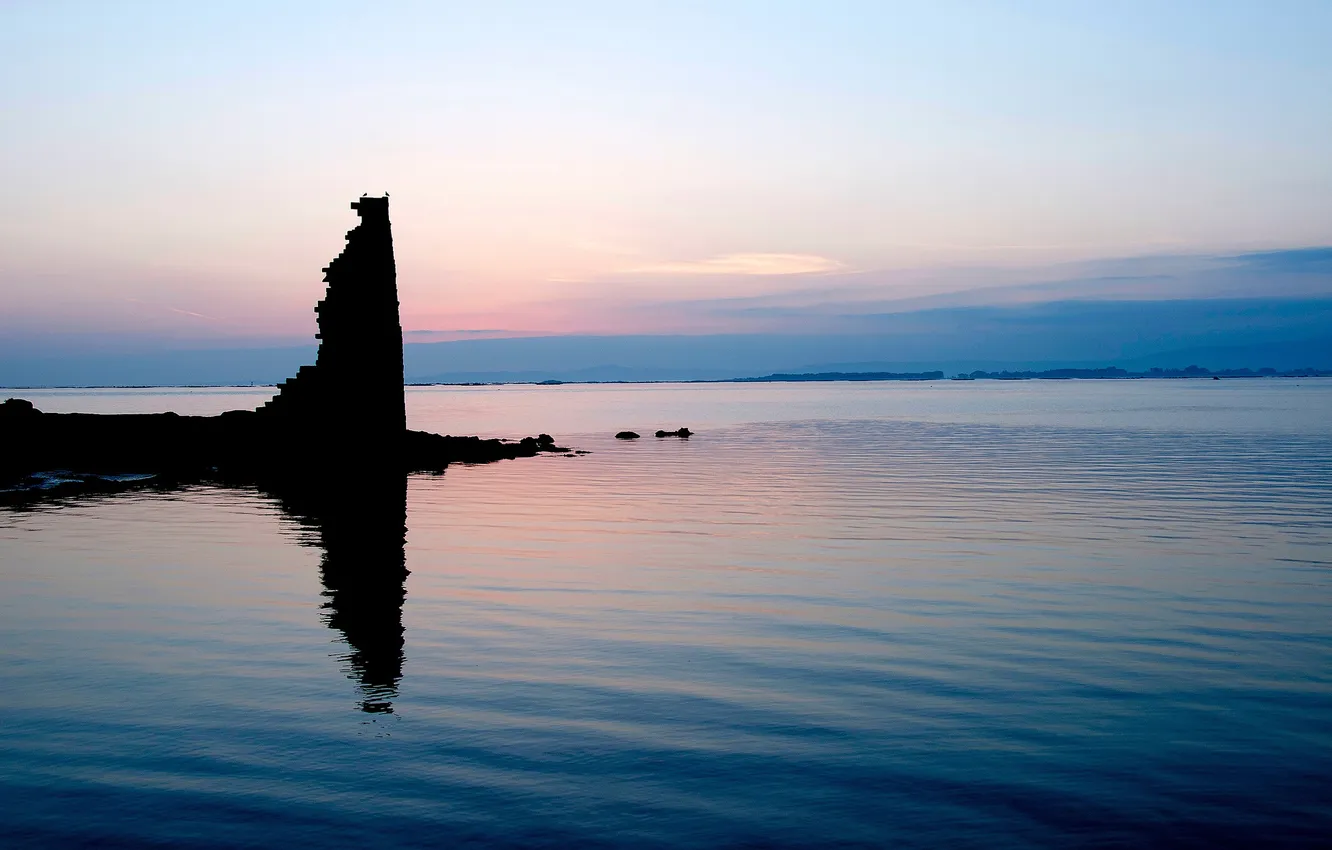 Photo wallpaper sunset, lake, the evening, ruins, twilight