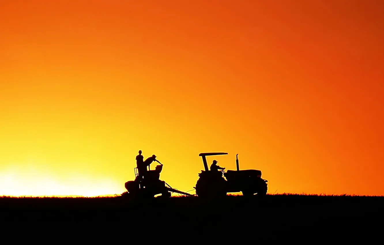 Photo wallpaper landscape, silhouette, tractor