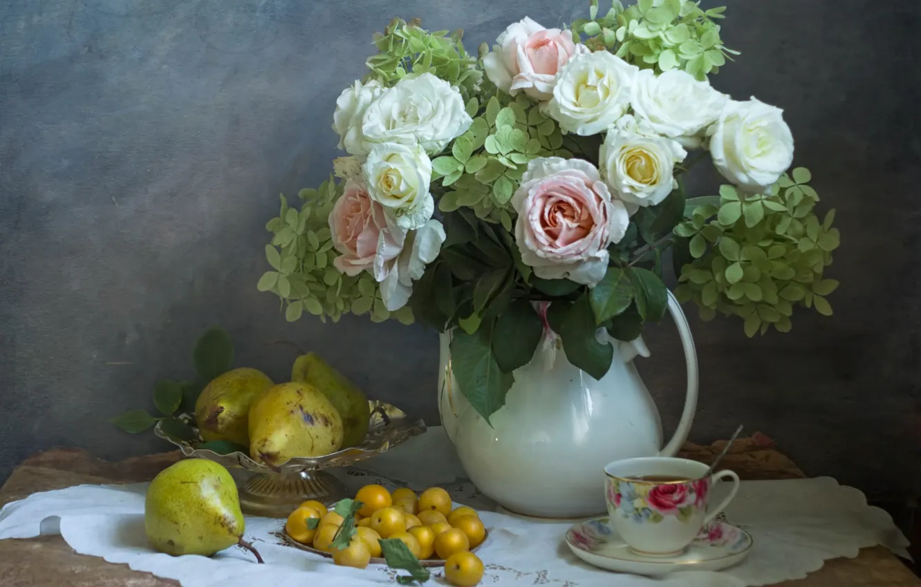 Photo wallpaper tea, roses, bouquet, Cup, pear, hydrangea, plum