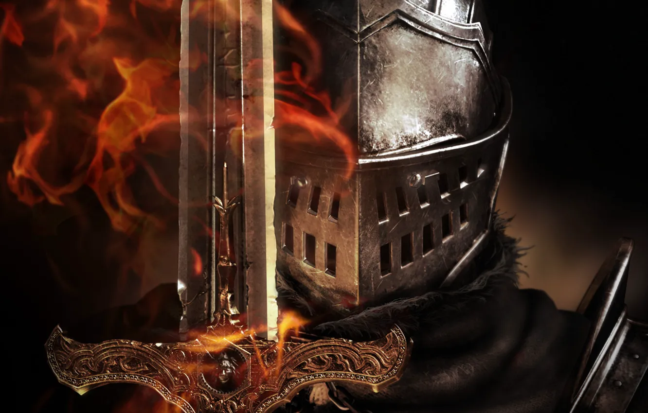 Photo wallpaper flame, sword, helmet, armor, knight, Dark Souls
