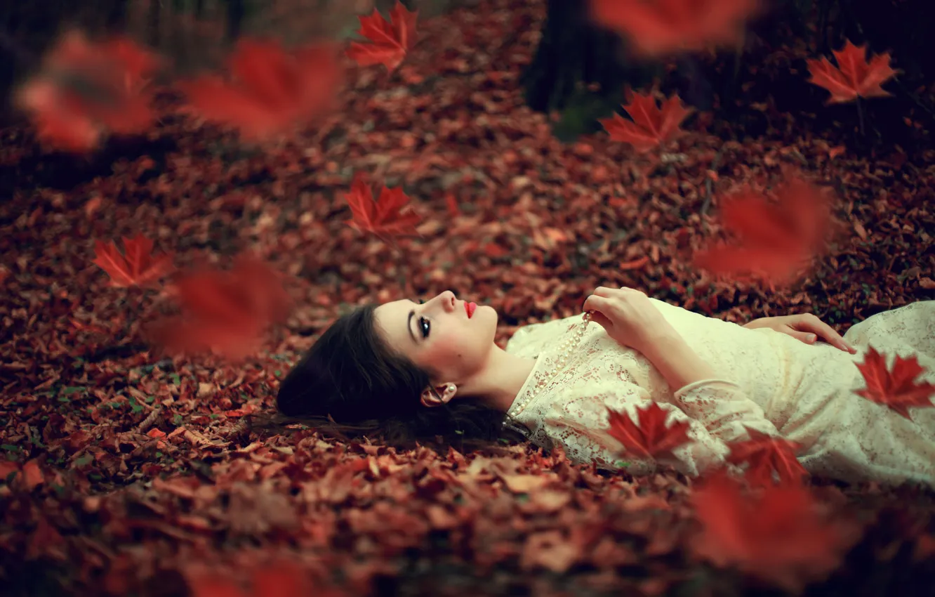 Photo wallpaper autumn, look, girl, pose, glade, foliage, hands, brunette