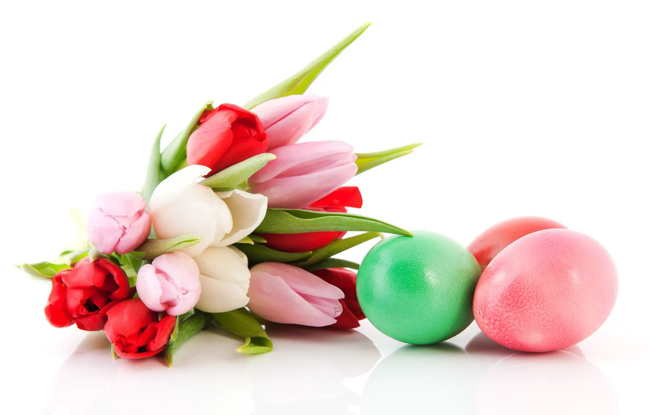 Photo wallpaper eggs, spring, Easter, tulips, colorful, easter