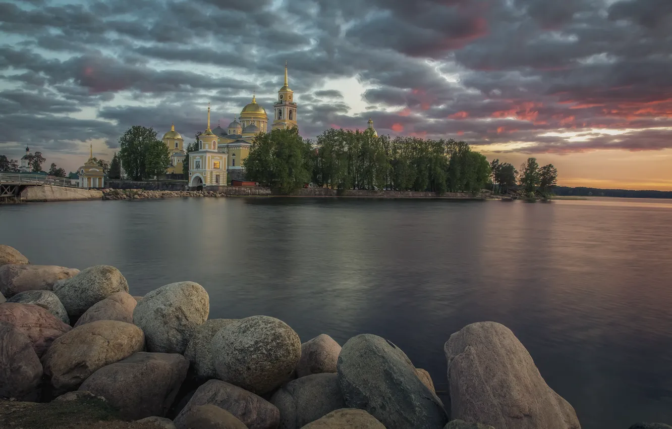 Photo wallpaper landscape, sunset, nature, lake, stones, the monastery, Seliger, Nilo-Stolobenskaya Pustyn'