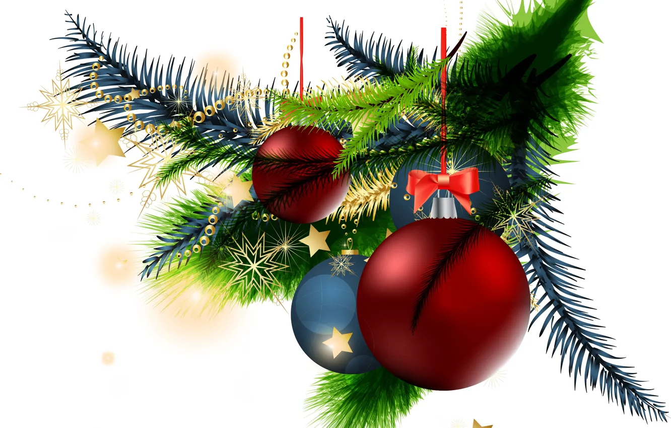 Photo wallpaper branches, balls, toy, graphics, tree, new year