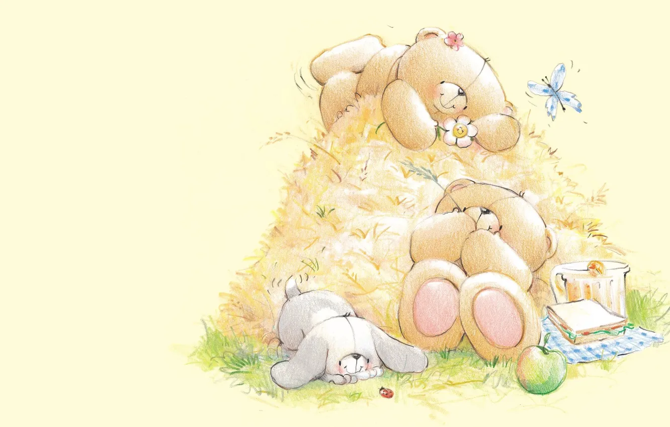 Photo wallpaper summer, mood, stay, art, bear, hay, Bunny, children's