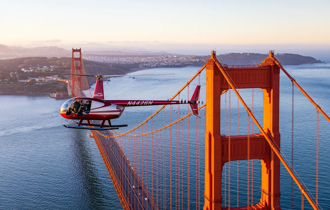 Photo wallpaper sea, bridge, Strait, CA, San Francisco, helicopter, Golden Gate Bridge, California