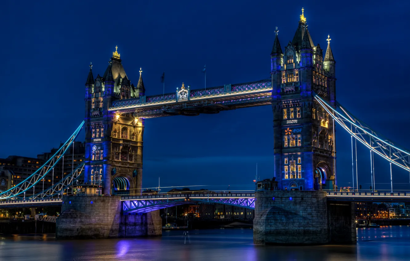 Photo wallpaper the sky, night, blue, city, the city, lights, river, England