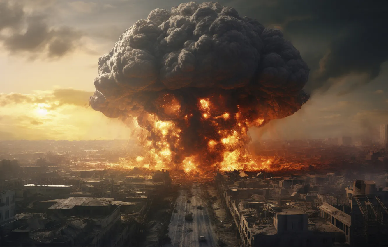 Photo wallpaper the explosion, the city, lights, mushrooms, home, destruction, a nuclear explosion, digital art