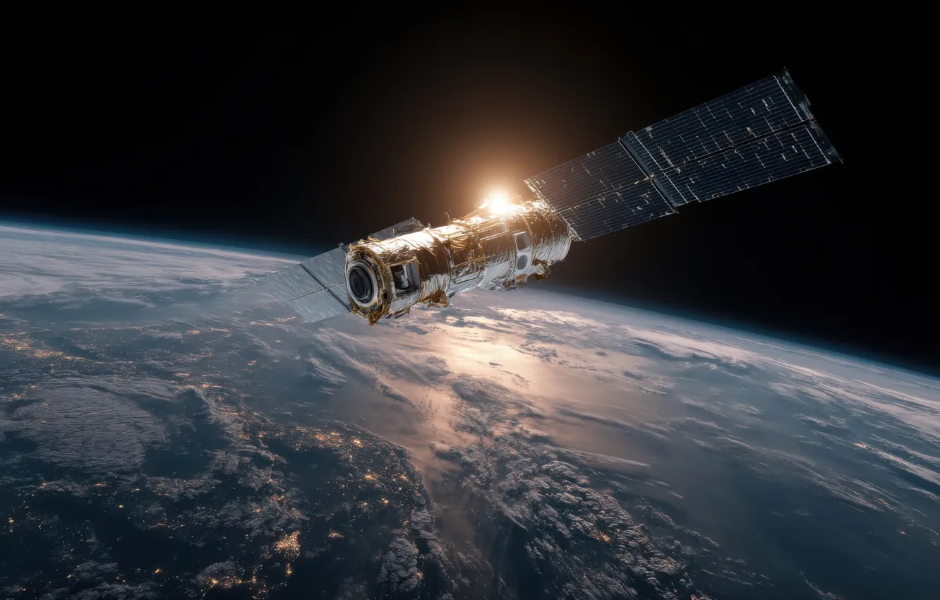 Photo wallpaper space, light, flight, fantasy, earth, planet, black background, ISS