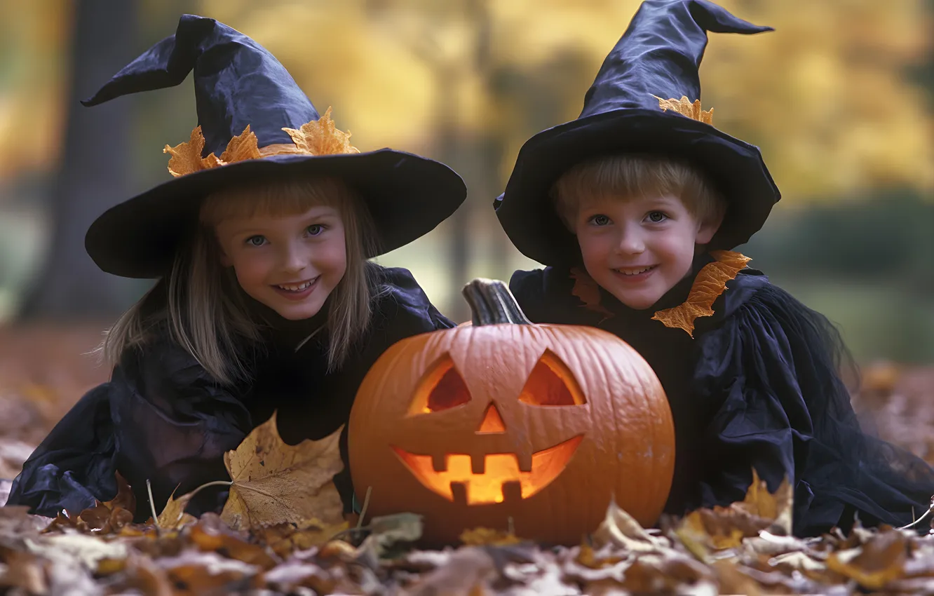 Photo wallpaper autumn, children, smile, holiday, foliage, hat, boy, girl