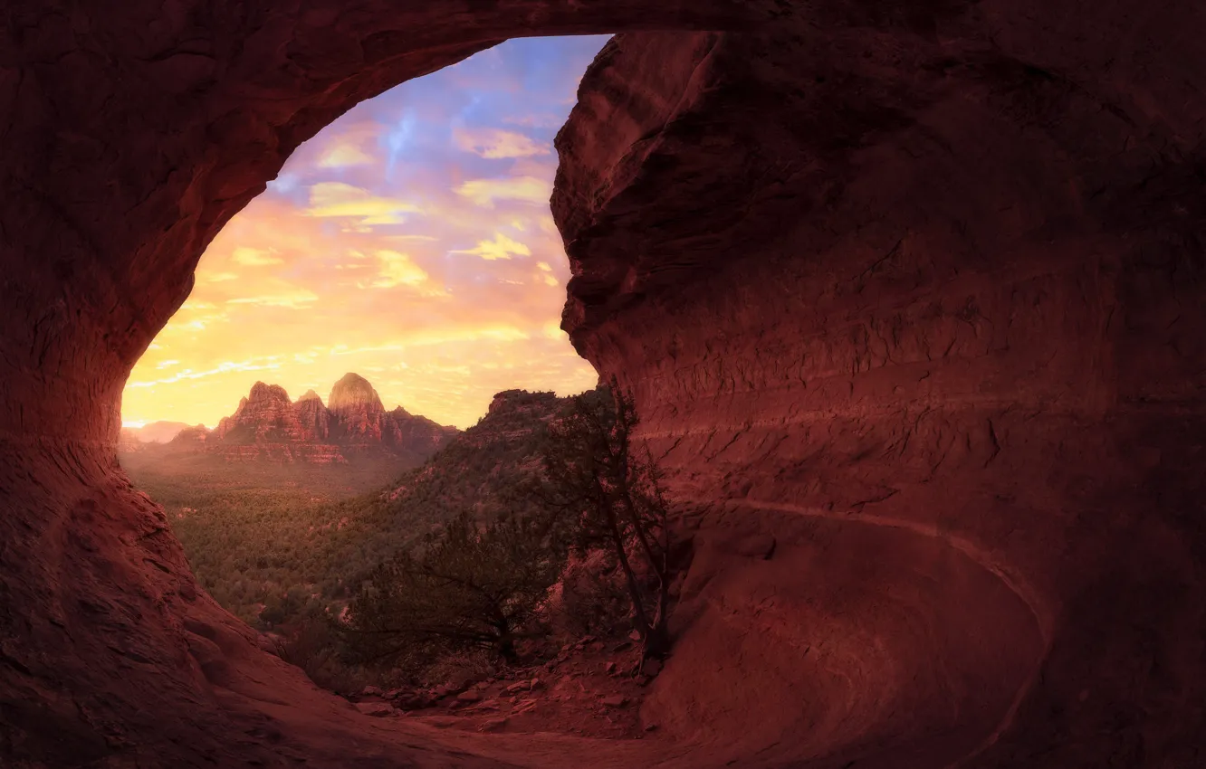 Photo wallpaper sunset, view, canyon, cave