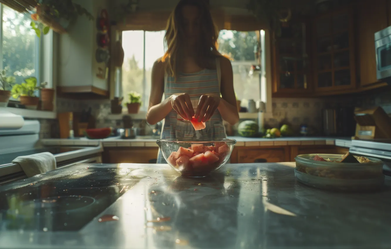 Photo wallpaper summer, girl, light, table, home, Breakfast, hands, watermelon