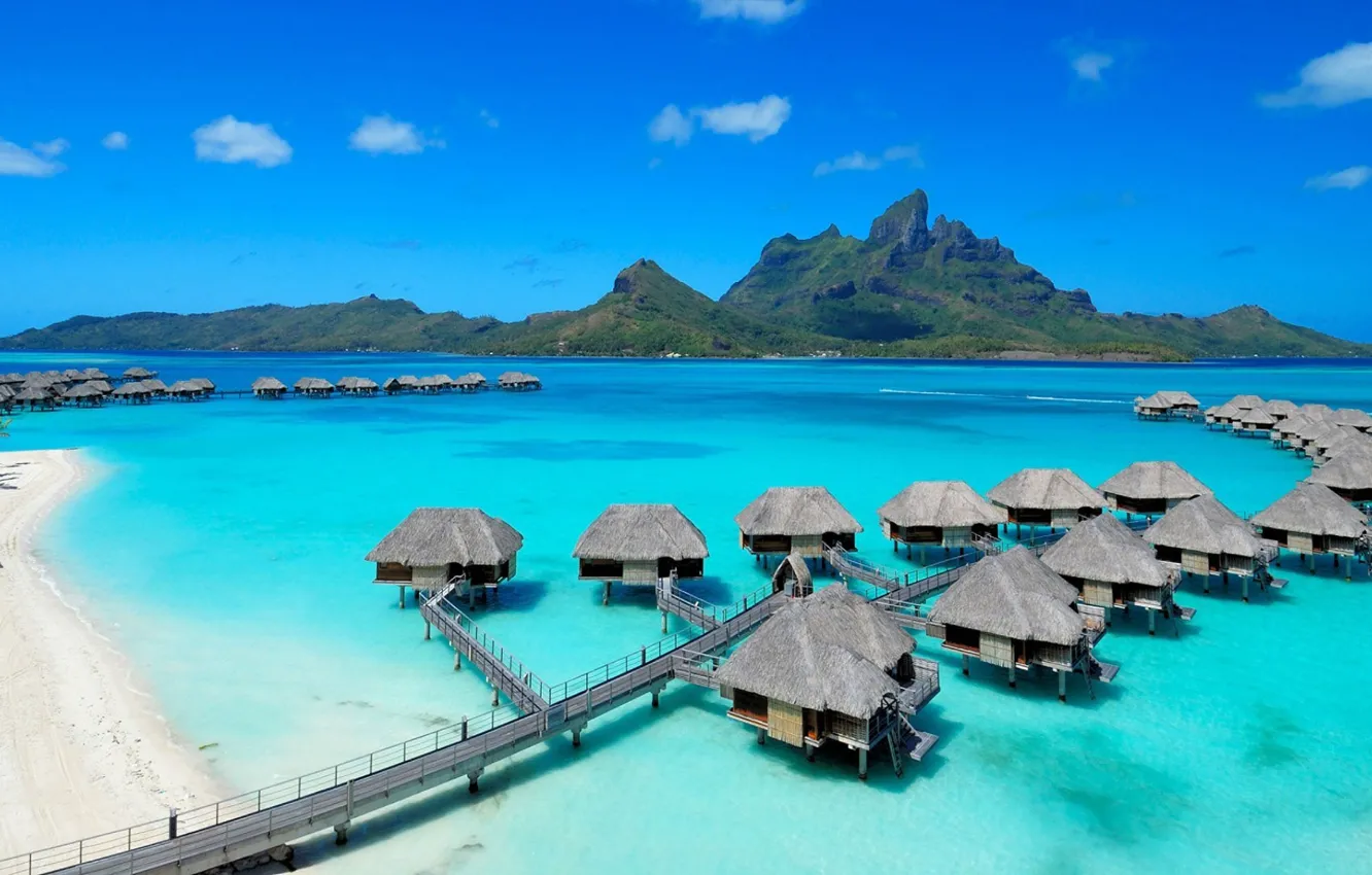 Photo wallpaper sea, Bora Bora, Bungalow