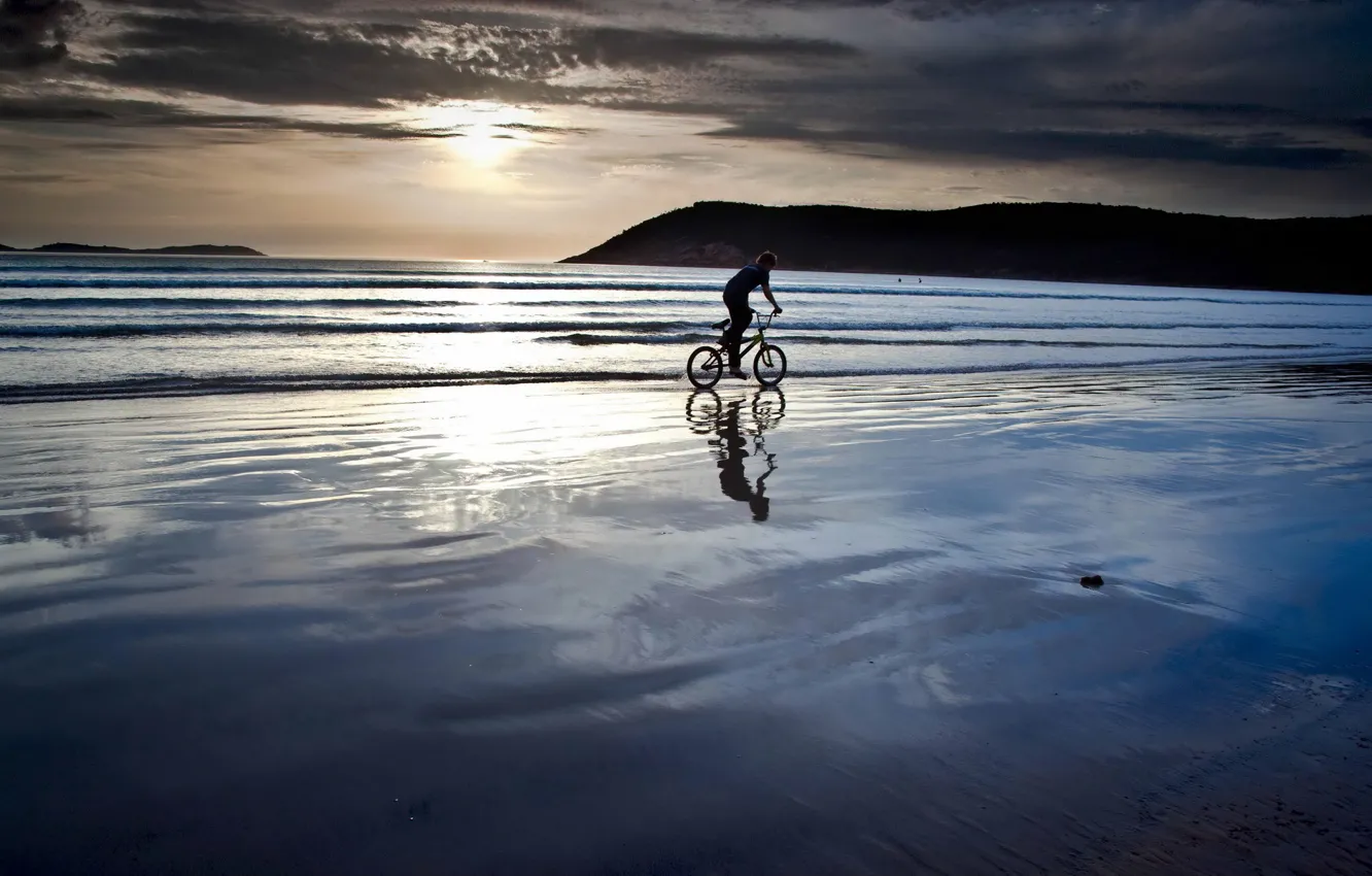 Photo wallpaper sea, beach, landscape, sunset, bike