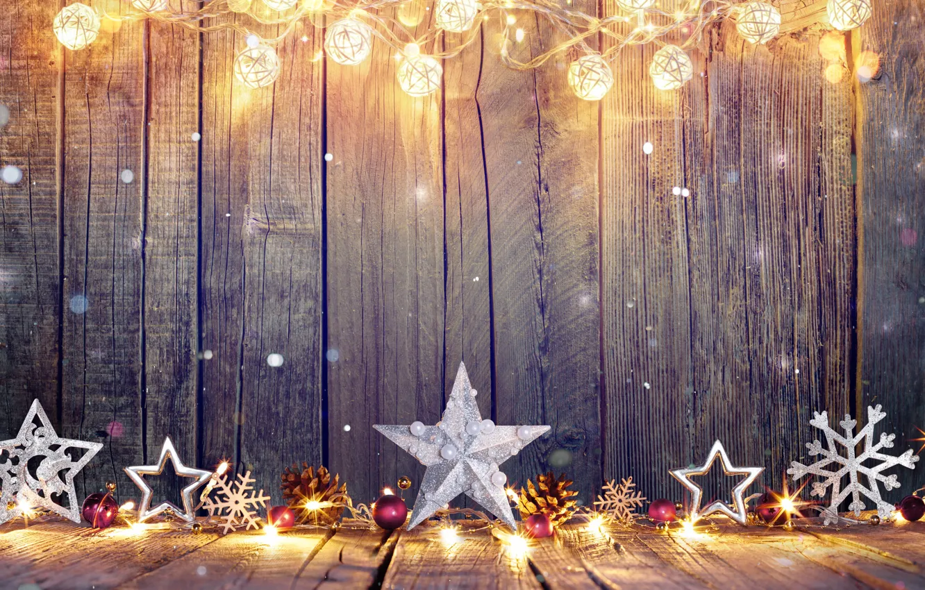 Photo wallpaper balls, snowflakes, stars, Christmas, New year, garland, bumps, Christmas decorations