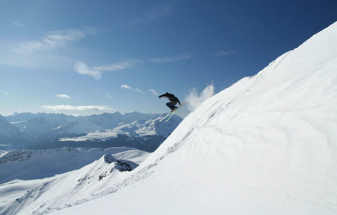 Photo wallpaper snow, the descent, mountain, slope, skier