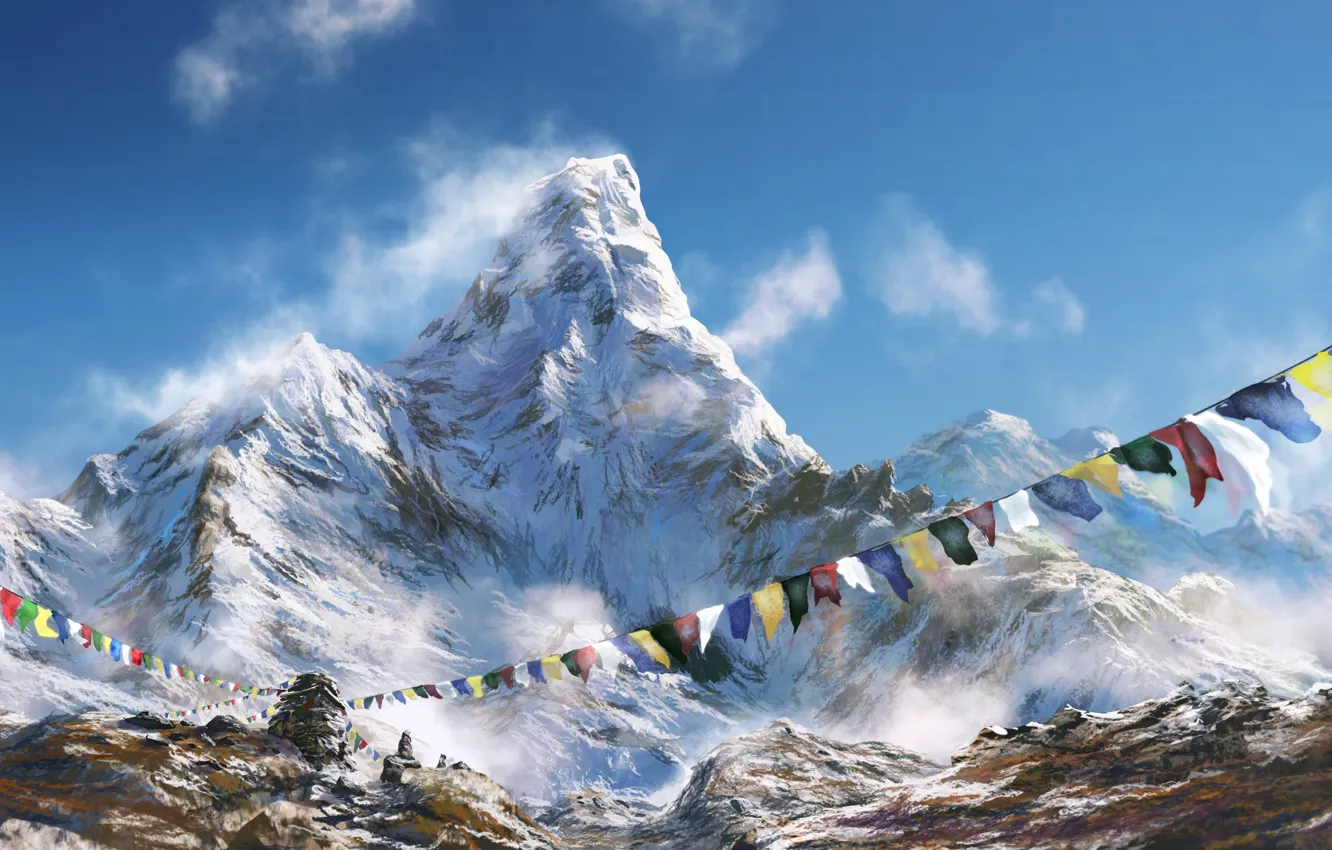 Photo wallpaper mountains, flags, a lot, Swagatam