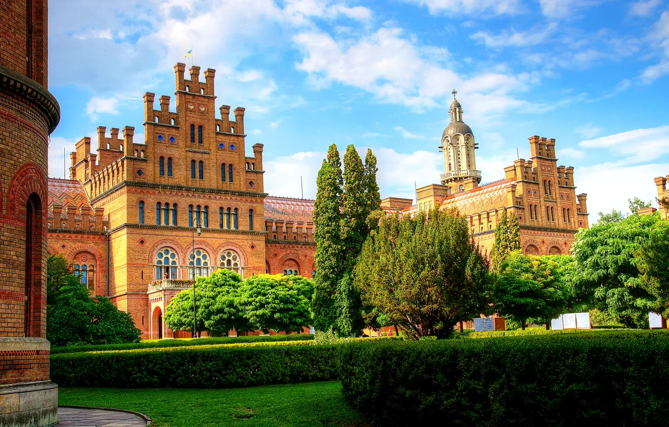 Photo wallpaper trees, design, lawn, Ukraine, the bushes, University, Chernivtsi